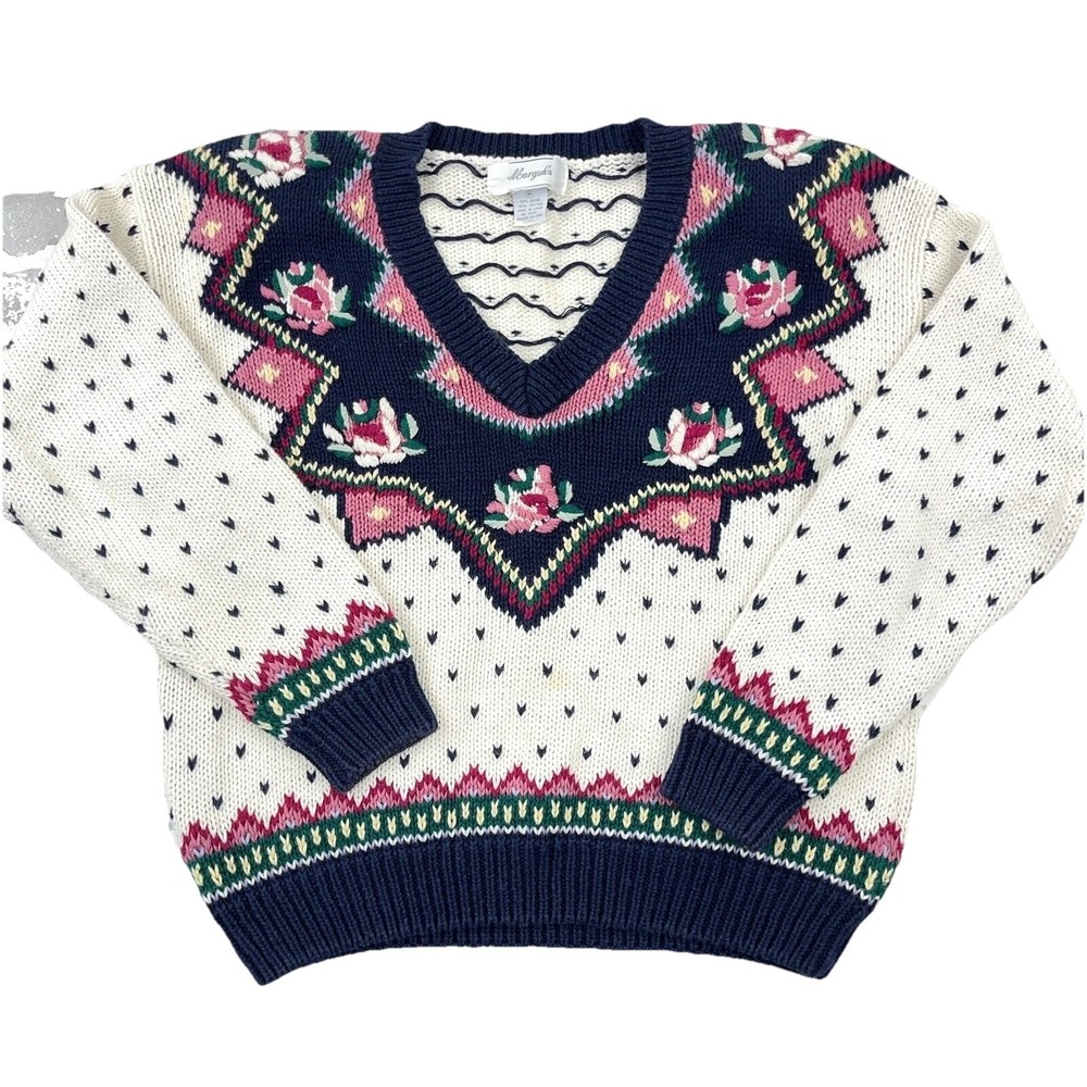 Vintage Margules Sweater Women Medium Nordic Birdseye Cricket Deep V Neck Boho